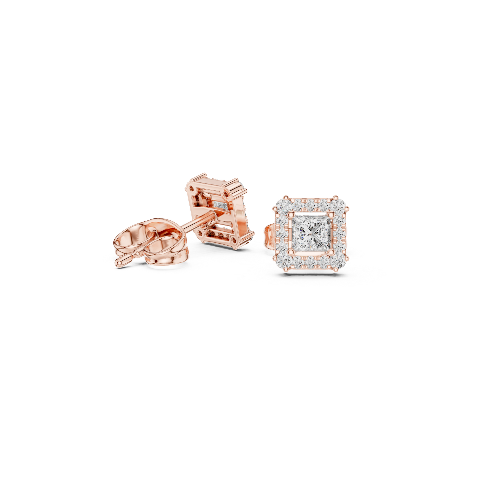 Double Halo Princess Diamond Stud Earrings