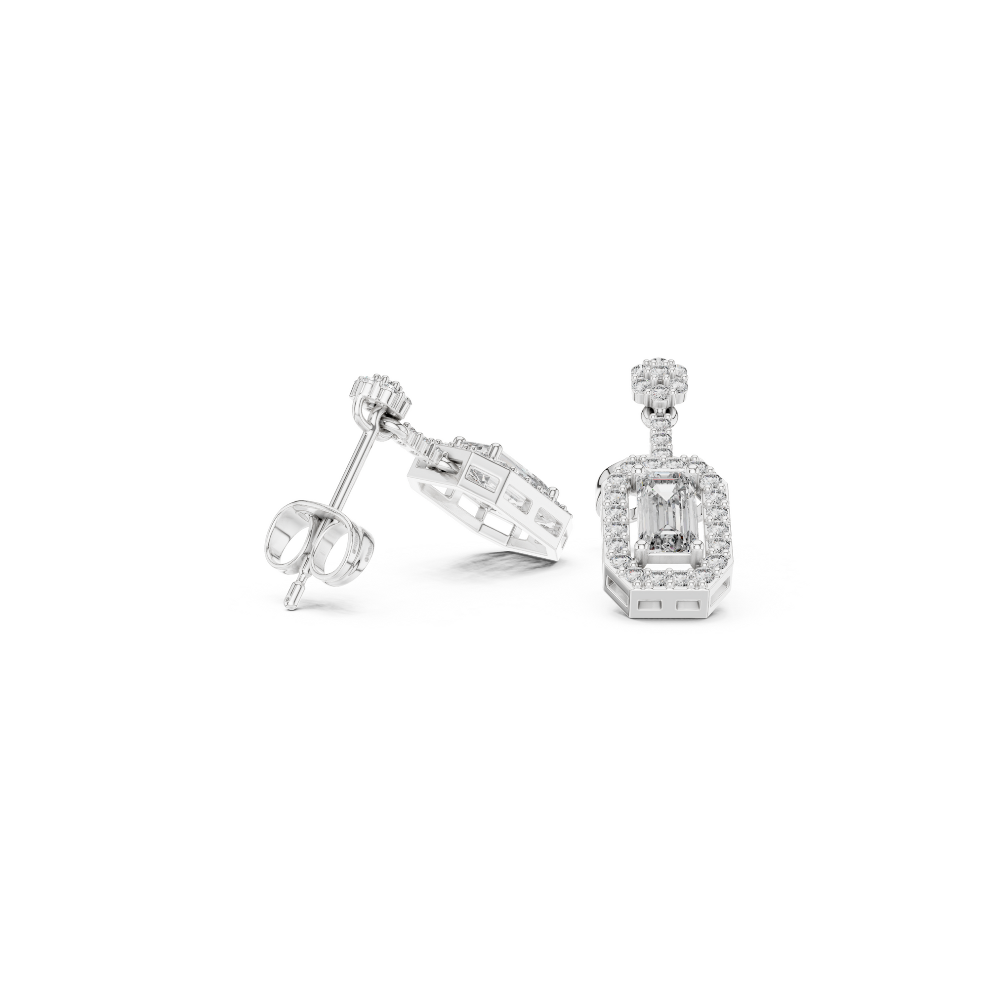 Emerald-Cut Diamond Halo Drop Earrings